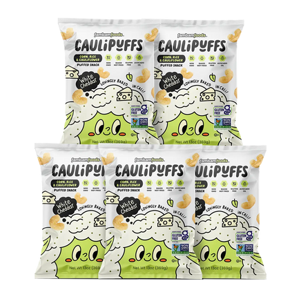 Arrangement of 5 large packs of CauliPuffs White Cheddar