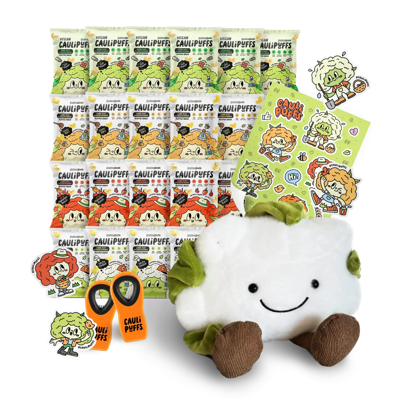 Cauli stuffie sat in front of all four flavors of puffs, alongisde the stickers and bag clips