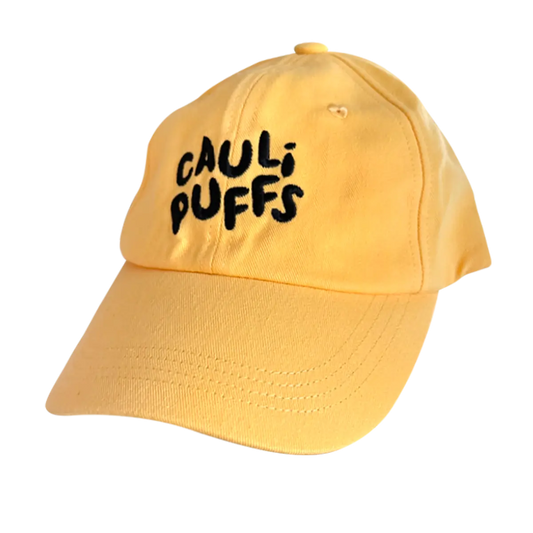 Yellow baseball cap with CauliPuffs logo on the front