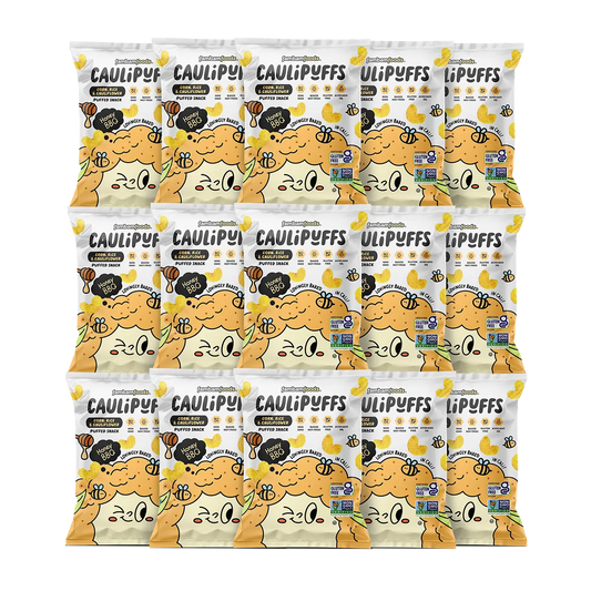 Arrangement of 15 small packs of CauliPuffs Honey BBQ