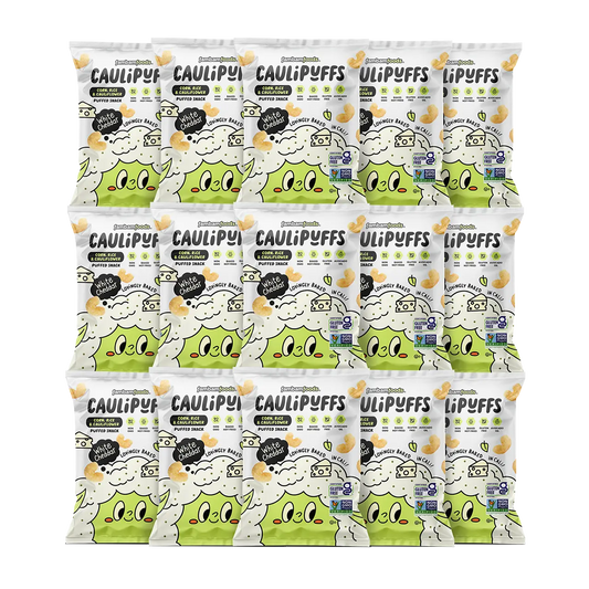 Arrangement of 15 small packs of CauliPuffs White Cheddar