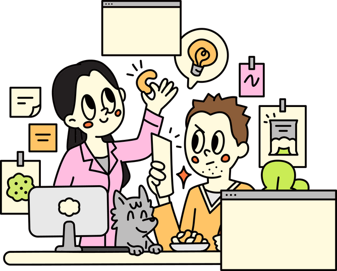 Illustration of two team members responding to customer questions
