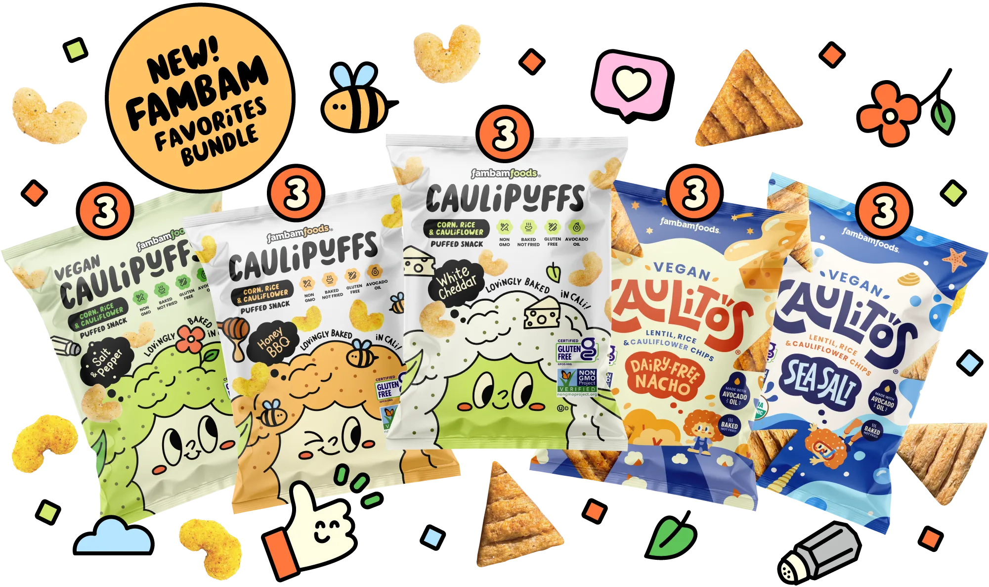 FamBam favorites bundle showing packs of Salt and Pepper, Honey BBQ, White Cheddar, Dairy Free Nacho, and Sea Salt